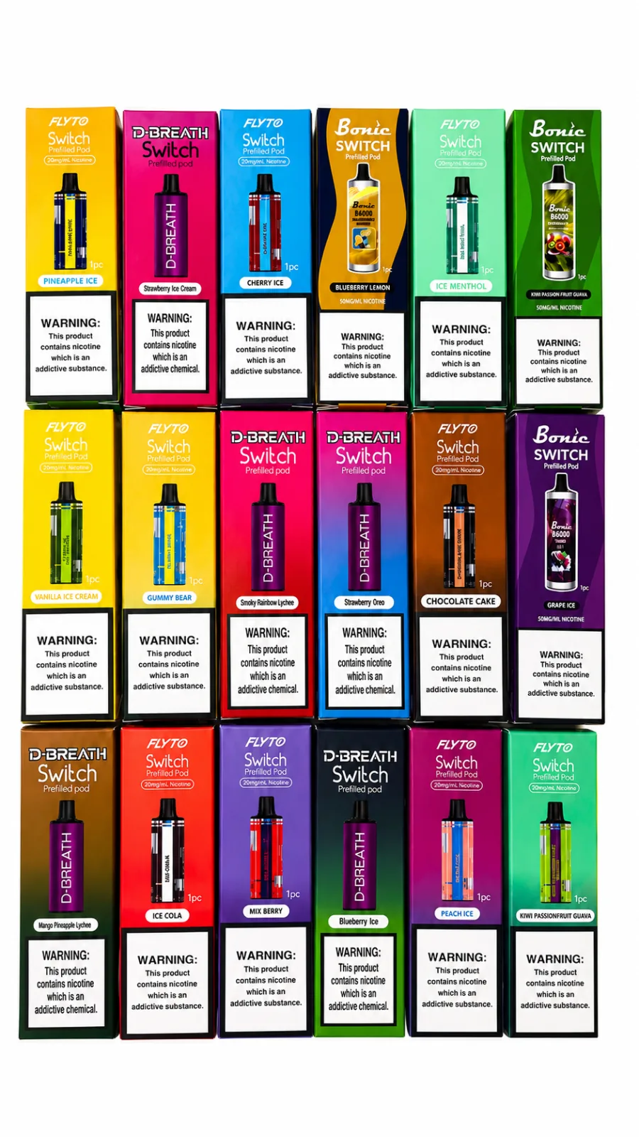 Flyto Switch and Bonic Switch prefilled pod collection multiple flavors vape pods display